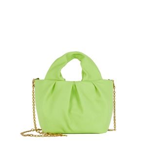 STAUD Lera Folded Leather Drawstring Mini Bag Kiwi Green Gold Chain Crossbody